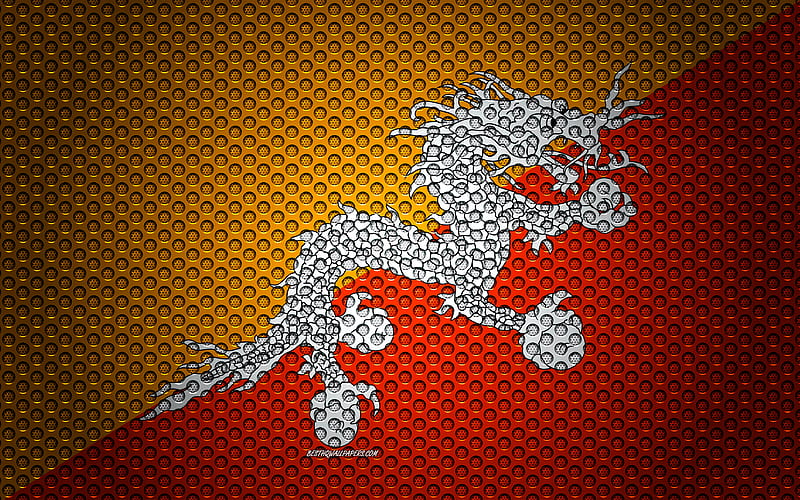 Flag of Bhutan creative art, metal mesh, Bhutan flag, national symbol, Bhutan, Asia, flags of Asian countries, HD wallpaper