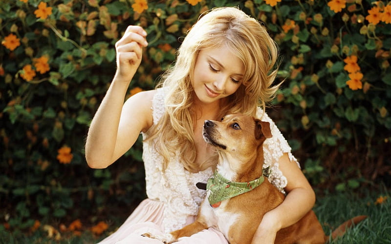 With my little darling, wonderful, blonde, bonito, elisabeth harnois, young girl, pet, tenderness, people, love, summer, precious, sunshine, white dress, dog, gorgeous, HD wallpaper