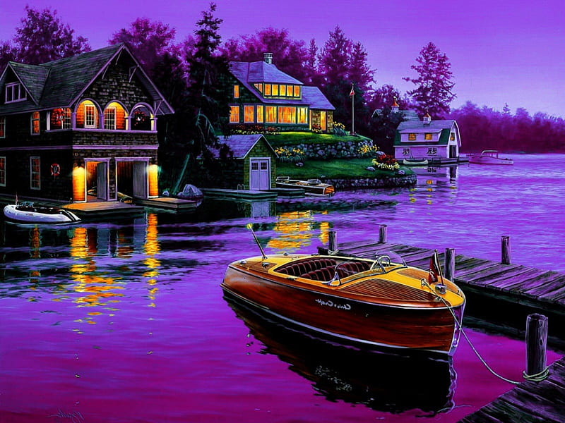 Boat dock, pirple, pretty, colorful, riverbank, shore, cottages, dusk, cabin, bonito, twilight, mirrored, lights, countryside, nice, boat, dock, painting, village, river, reflection, lovely, clear, houses, pier, sky, trees, lake, lakeshore, HD wallpaper
