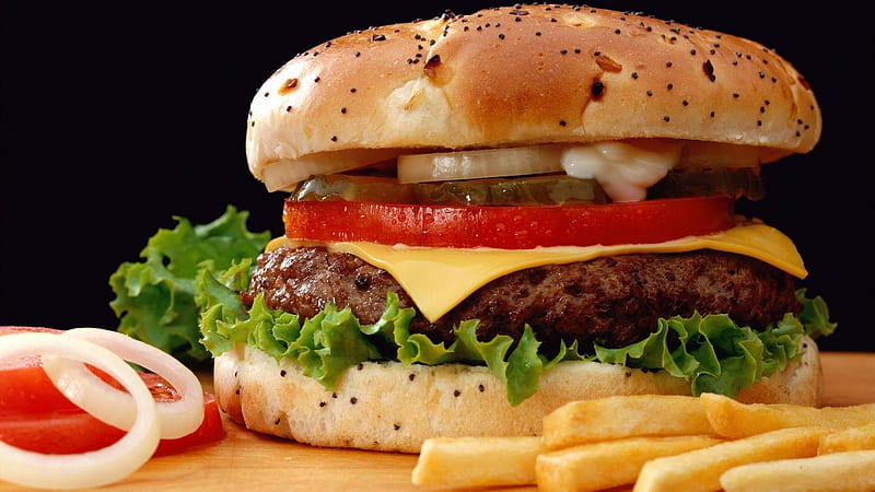 Want a Juicy Burger ?, delicius, chicken cutlet, cheese, bun, fries, tomato rings, burger, lettuce, HD wallpaper