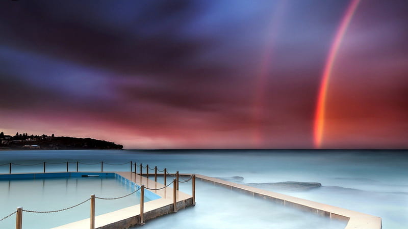 great rainbow over salt water coastal pool, chain, dusk, rainbow, pool, sea, mist, HD wallpaper