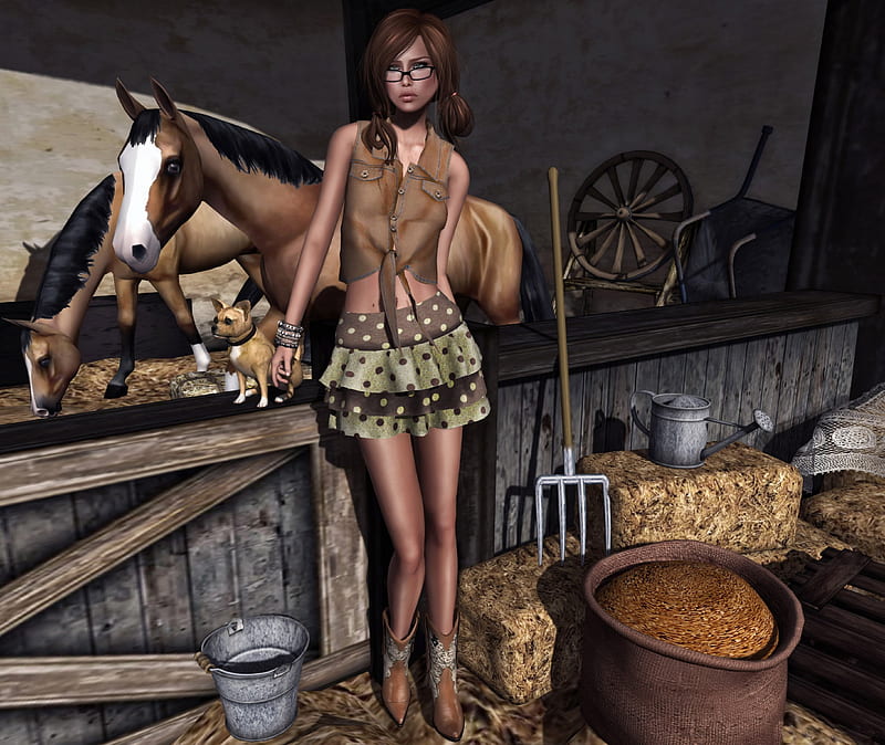 Cowgirl On The Farm, grain, cowgirl, boots, crate, skirt, glasses, pitchfork, hay, straw, pail, horses, barn, sprinkling can, wheelbarrow, dog, HD wallpaper
