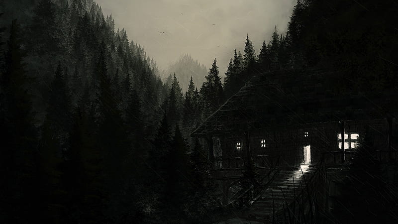 darkness, scary, forest, digital art, raining, trees, Fantasy, HD wallpaper