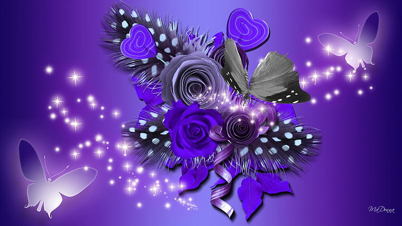 Feathers and Flowers, glow, twinkle, lustre, rose, shine, flash, flower, winkle, lights, sparkle, glint, leaves, butterfly, scintillate, shimmer, papillon, flowers, glisten, radiate, flare, glitter, spangle, glister, corazones, glimmer, purple, bouquet, luster, wink, gleam, shiny, HD wallpaper
