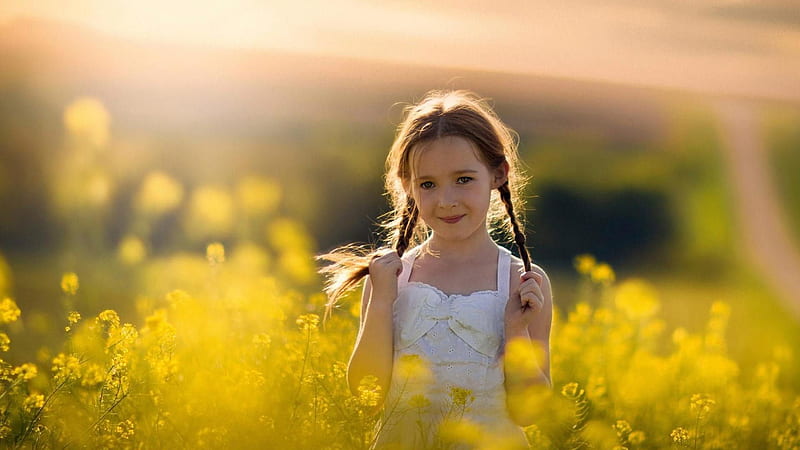 Cute Little Girl Is Standing In Yellow Flowers Field Wearing White Dress Cute, HD wallpaper