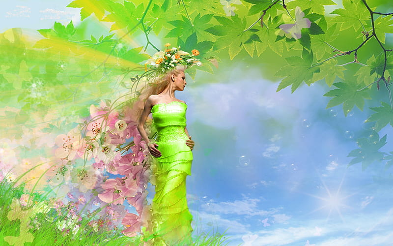 Spring is here!, pretty, colorful, fine art, bonito, woman, women, 3d cg, fantasy, green, figure, painting, flowers, girls, pink, blue, art, female, paint, spring, sky, trees, abstract, girl, purple, lime green, white, HD wallpaper