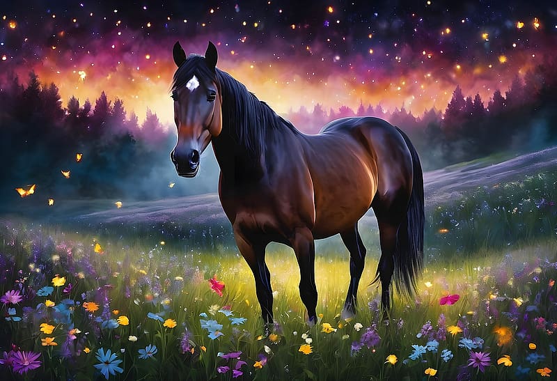Horse under the night sky, Horse, Sky, Night, Meadow, HD wallpaper