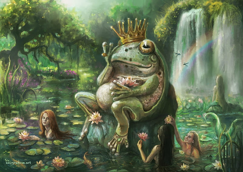 Secret lake, lake, king, frumusete, luminos, nymph, frog, water, vara, green, girl, waterfall, anastasia evgrafova, summer, secret, HD wallpaper
