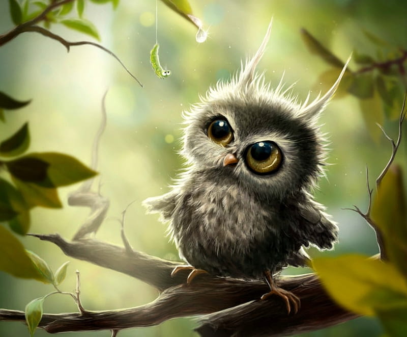 Little owl, owl, meanwhile in the trees, luminos, worm, thecompanyofwolves, pasare, branch, cute, fantasy, bufnita, green, bird, HD wallpaper