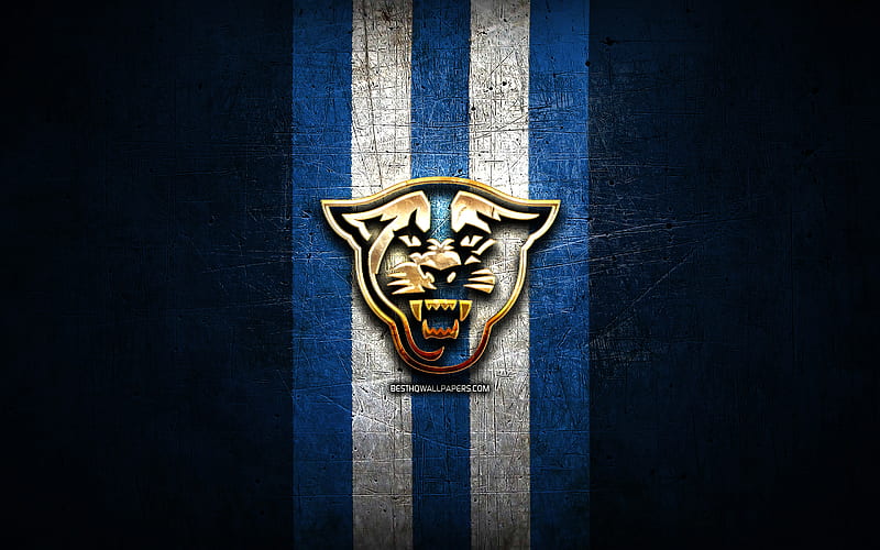 Georgia State Panthers, golden logo, NCAA, blue metal background, american football club, Georgia State Panthers logo, american football, USA, HD wallpaper