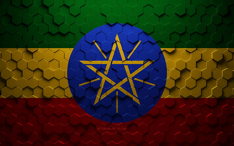 Flag of Ethiopia, honeycomb art, Ethiopia hexagons flag, Ethiopia, 3d hexagons art, Ethiopia flag, HD wallpaper