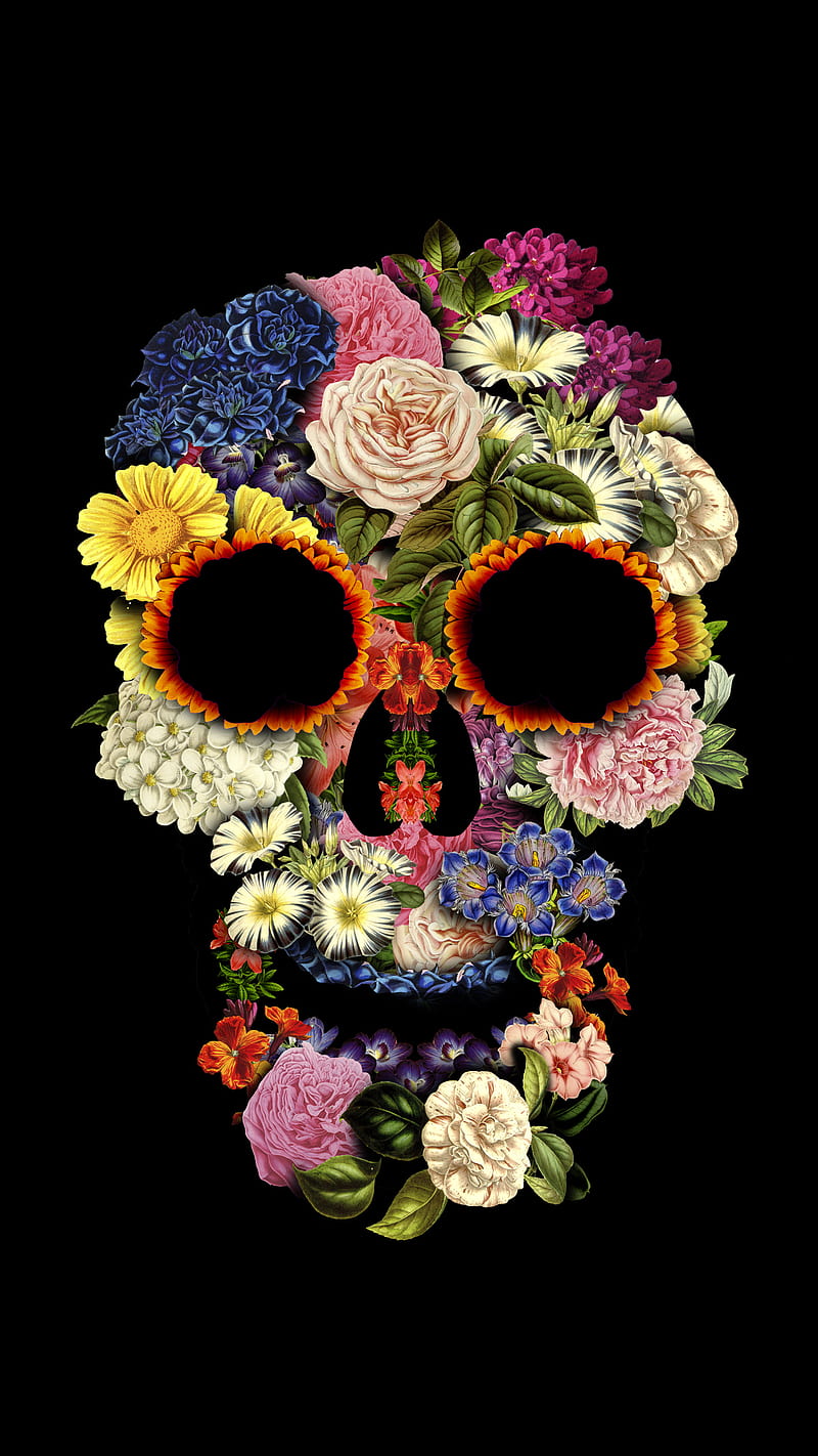 Funky Spring, floral, flowers, nature, skull, HD phone wallpaper