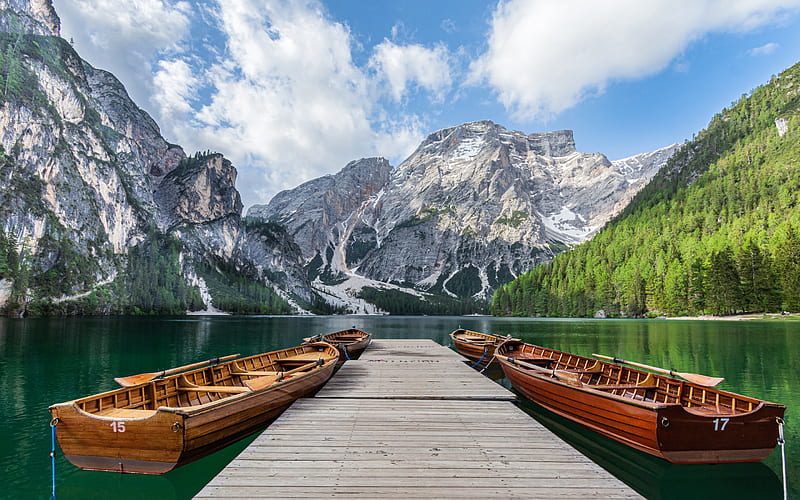 Lake Braies, mountain landscape, mountain lake, rocks, South Tyrol, Dolomites, Lago di Braies, HD wallpaper