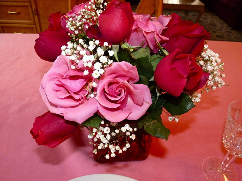 a perfect bunch, red, roses, pink, bunch, HD wallpaper