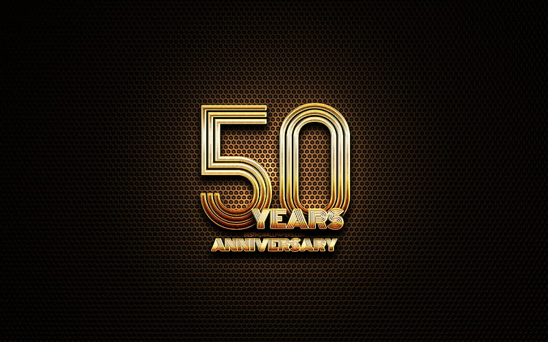 50th anniversary, glitter signs, anniversary concepts, grid metal background, 50 Years Anniversary, creative, Golden 50th anniversary sign, HD wallpaper