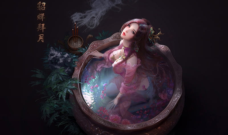 Worship on the moon, art, leaves, girl, smoke, candles, HD wallpaper