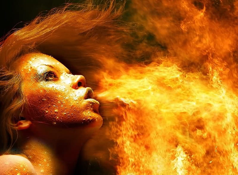 Burning breath, fiery, cg, burning, breath, bonito, fire, fantasy, flames, girl, face, HD wallpaper