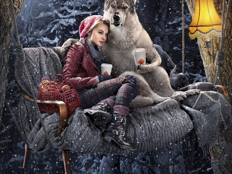 Wolf drinking coffee with Little Red Riding Hood, fantasy, little, coffee, girl, wolf, winter, HD wallpaper