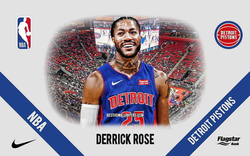 Derrick Rose, Detroit Pistons, American Basketball Player, NBA, portrait, USA, basketball, Little Caesars Arena, Detroit Pistons logo, HD wallpaper