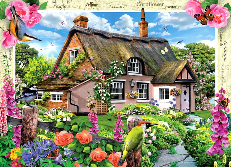 Foxglove Cottage F2, architecture, art, cottage, artwork, painting, wide screen, Tudor, scenery, landscape, HD wallpaper