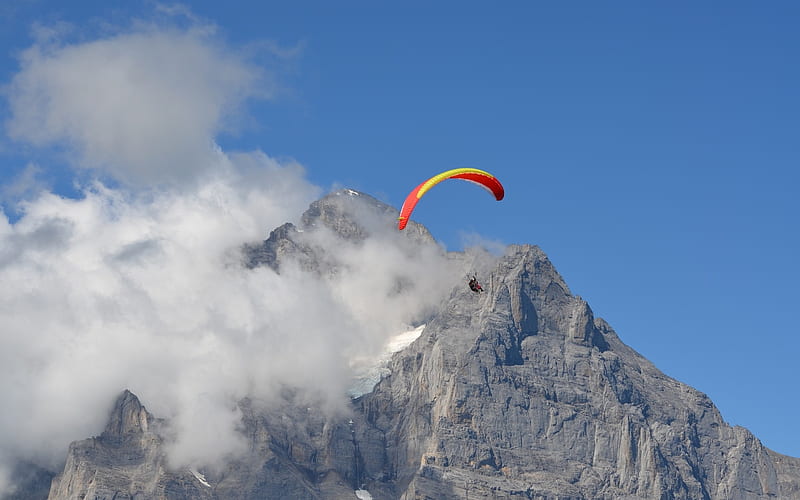 Paragliding in Swiss Alps, clouds, Switzerland, Alps, paragliding, HD wallpaper