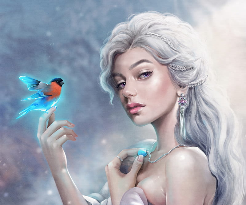 Snow Queen, bird, white, blue, winter, iarna, nadiia kolpak, frumusete, luminos, wwhite, fantasy, pasari, HD wallpaper