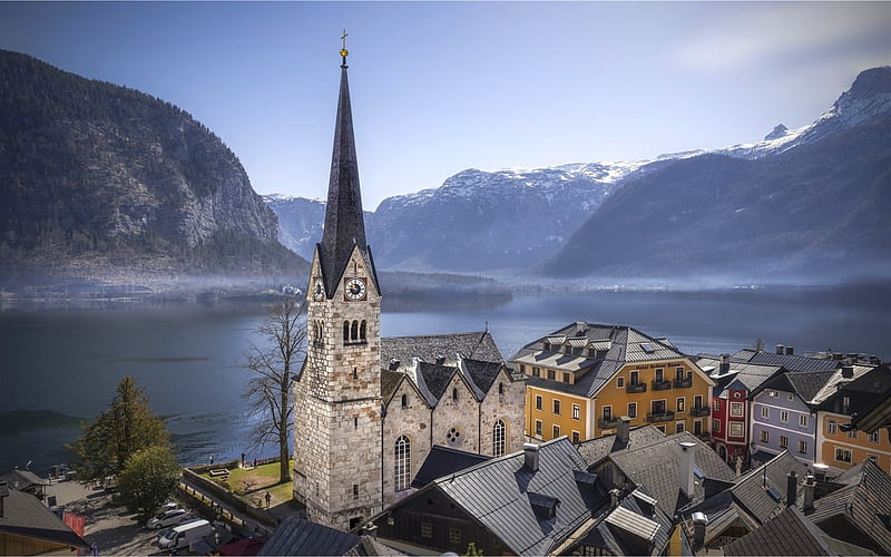 Hallstatt, Austria, mountain landscape, Alps, chapel, Lake Hallstatt, HD wallpaper