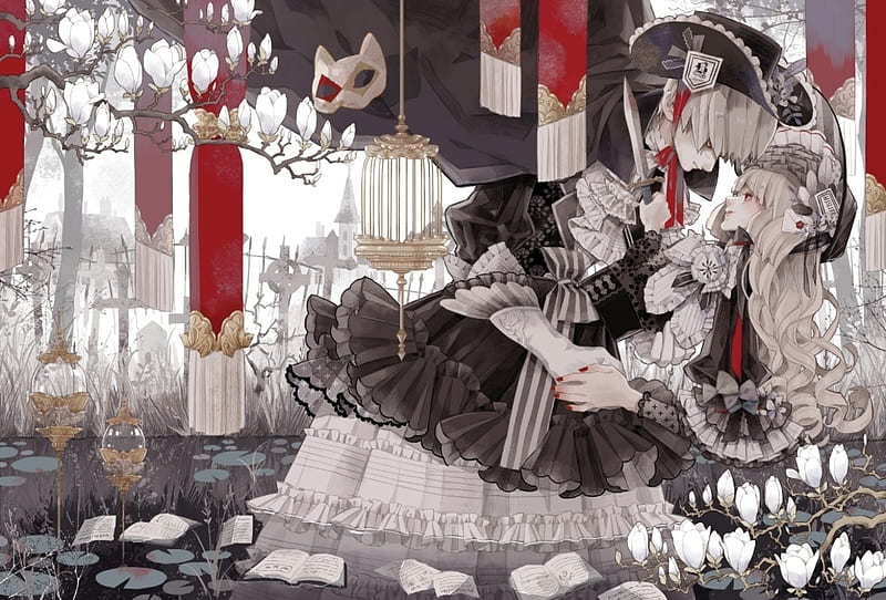Goth Loli, red, hamondo, black, manga, lolita fshion, anime, white, couple, HD wallpaper