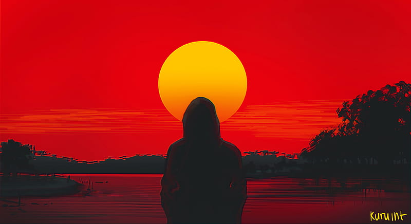 silhouette, alone, sunset, art, HD wallpaper