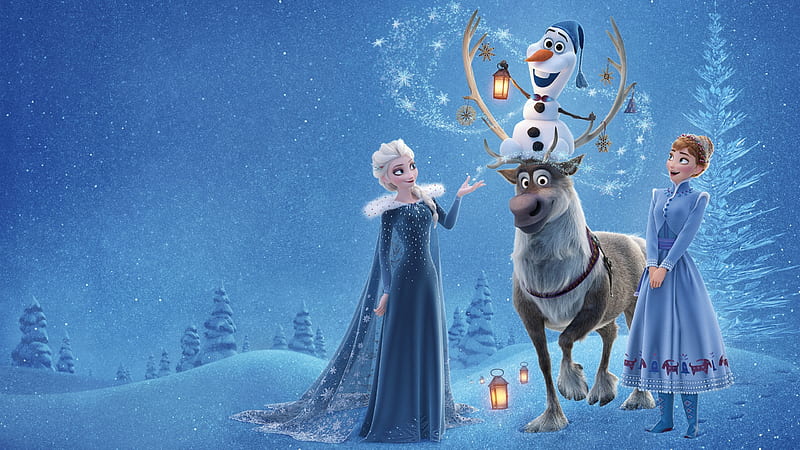 Olaf's Frozen Adventure (2017), poster, anna, luminos, movie, elsa, snowman, iarna, fantasy, snow queen, olafs frozen adventure, reindeer, white, frozen, princess, disney, blue, HD wallpaper
