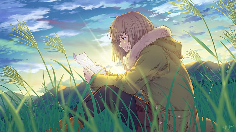 anime girl, reading a letter, anime landscape, cozy, grass, paper, profile view, Anime, HD wallpaper