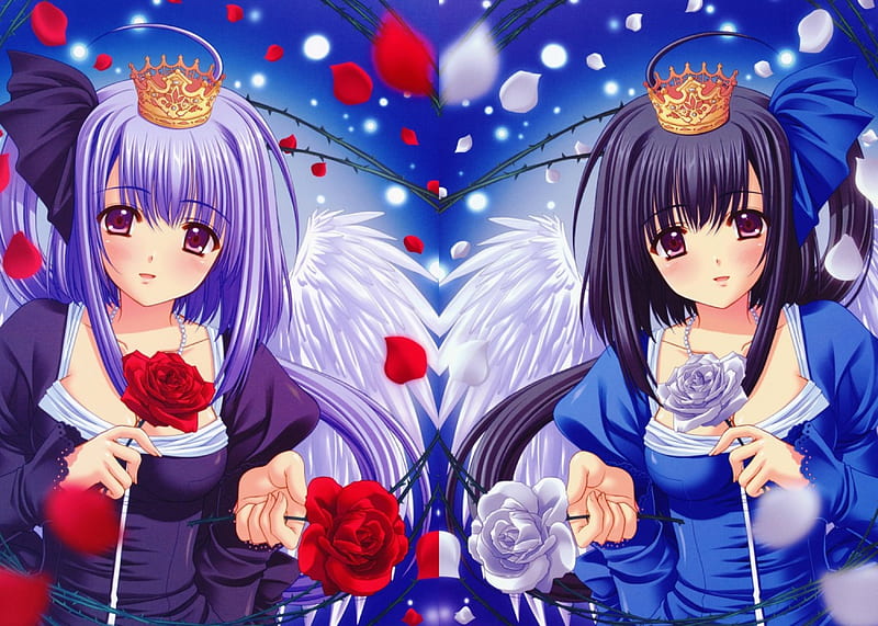 Roses, pretty, rose, bonito, wing, floral, sweet, double, nice, anime, royalty, feather, hot, beauty, anime girl, tiara, long hair, female, wings, lovely, angel, petal, sexy, cute, girl, crown, flower, lady, princess, maiden, HD wallpaper
