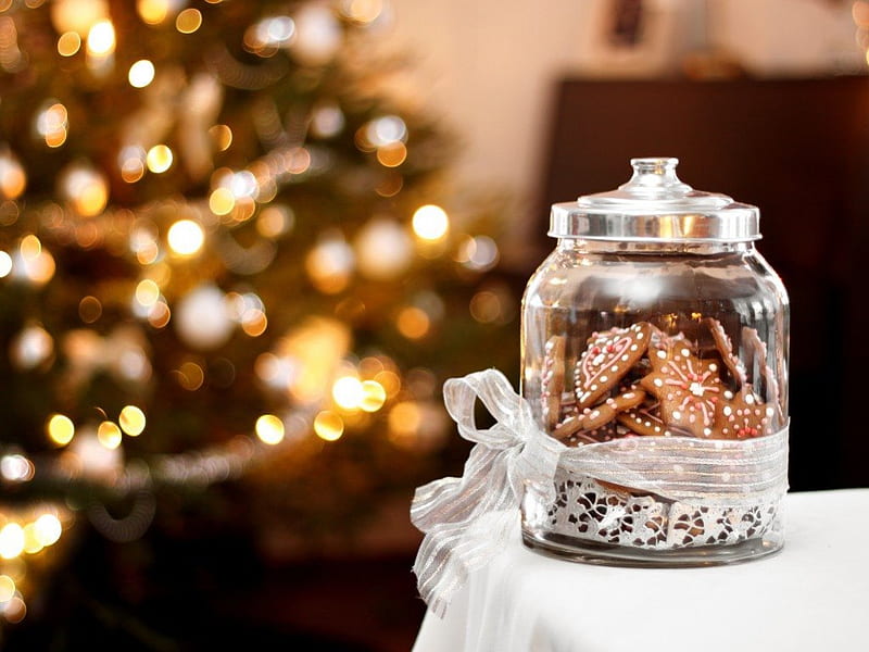 *Cookie Jar*, glass jar, christmas tree, sweets, decoration, interior, new year, biscuits, lights, bokeh, merry christmas, gingerbread, ornament, HD wallpaper