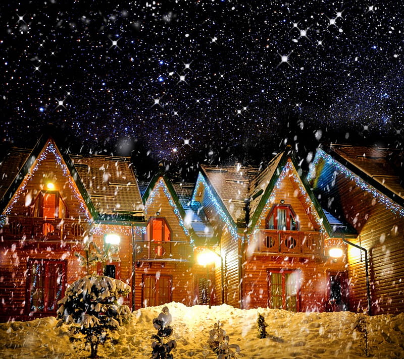 Holiday Lights, house, snow, winter, HD wallpaper