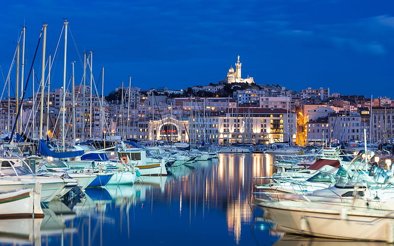 Marseille, bay, evening, yacht parking, white yachts, boats, France, HD wallpaper