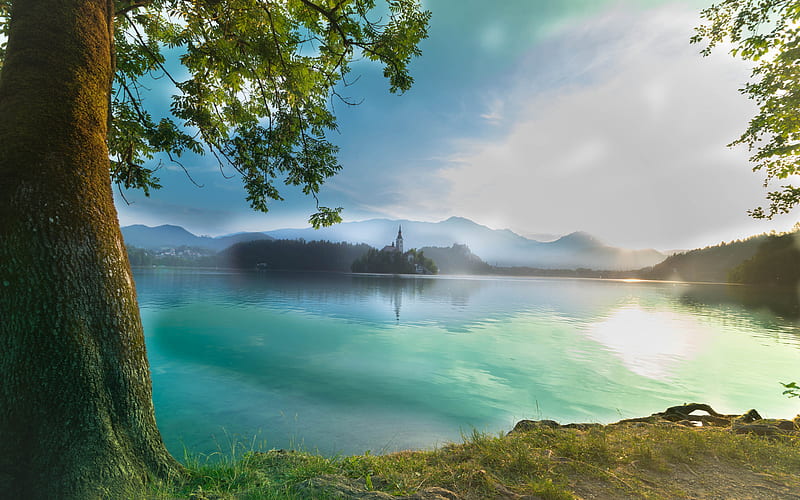 Bled, morning, lake, Alps, mountains, summer, Slovenia, HD wallpaper