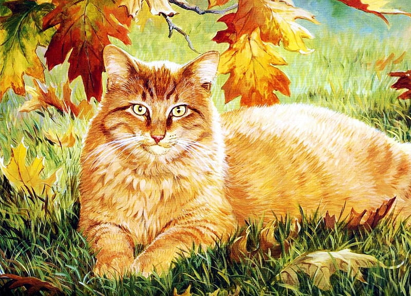 Autumn Kitty, fall, leaves, painting, resting, colors, cat, artwork, HD