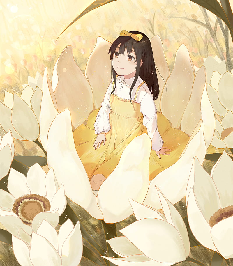 anime girl, giant leaves, plants, smiling, brown hair, dress, Anime, HD phone wallpaper