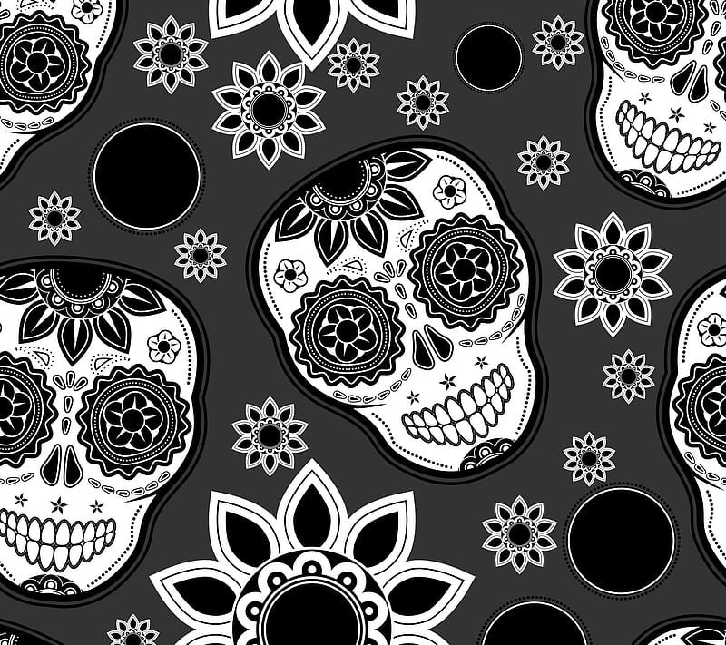 Skulls, abstract, black white, flowers, vector, HD wallpaper