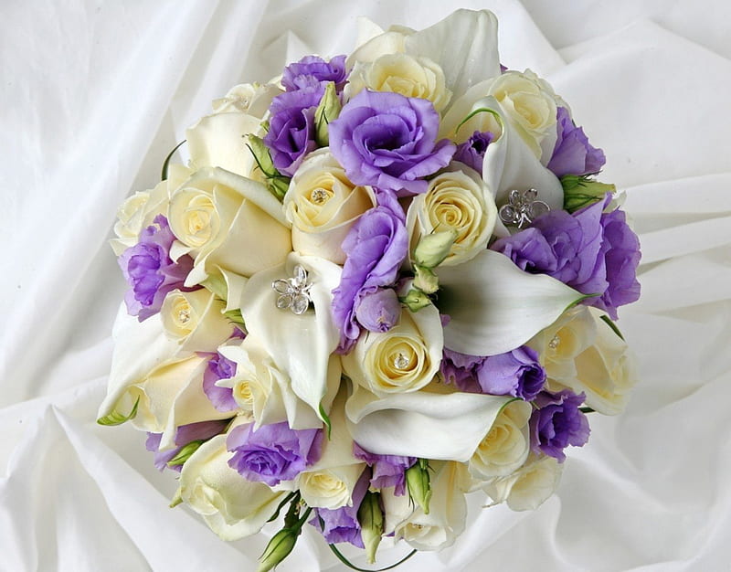 * Romantic bouquet *, romantic, rose, cala, bonito, purple, bouquet, flower, ring, white, HD wallpaper