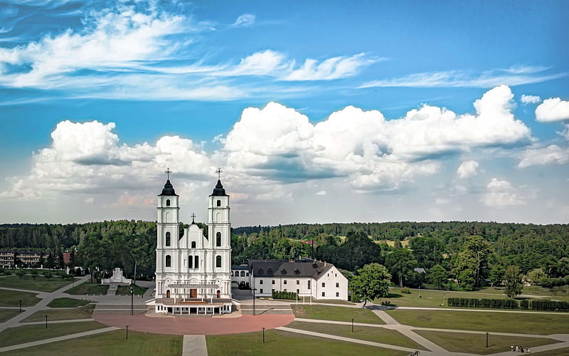 Basilica in Aglona, Latvia, Aglona, church, basilica, square, Latvia, clouds, HD wallpaper