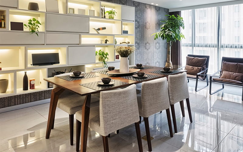 kitchen, stylish interior design, white marble floor, brown wooden table, white vase, dining room Interior Design, HD wallpaper