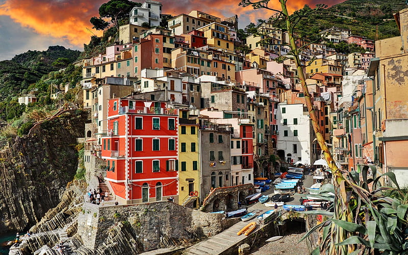 Riomaggiore, evening, resort, Mediterranean Sea, colorful houses, landmark, Cinque Terre, Italy, HD wallpaper