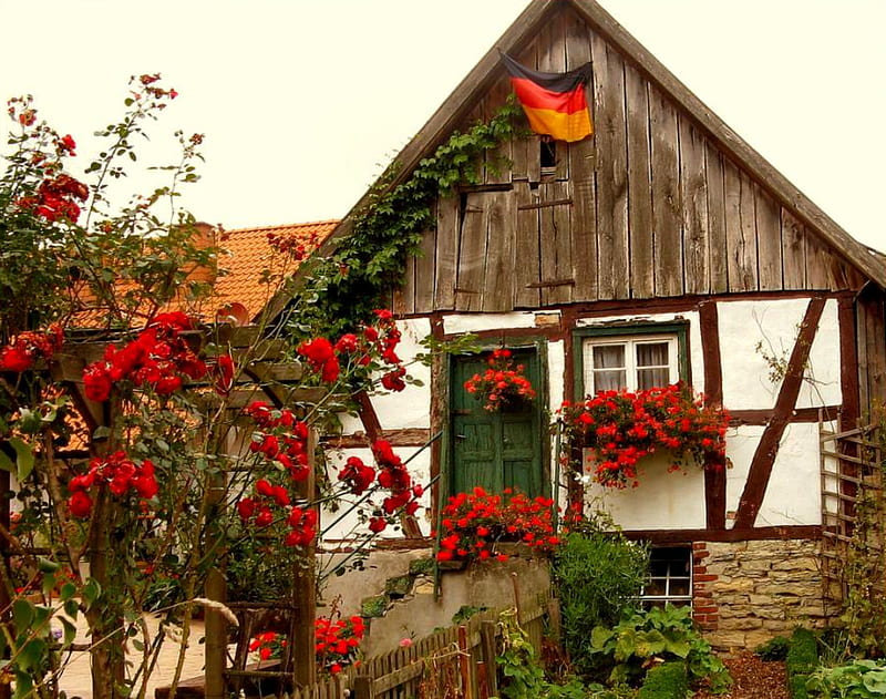 Fairytale Cottage, fence, flowers, green door, cottage, HD wallpaper