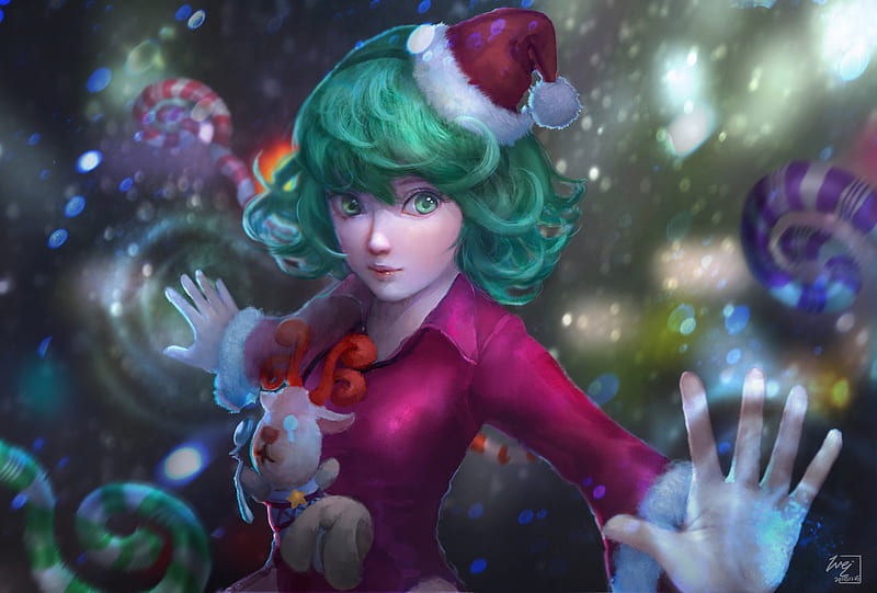 Christmas elf, art, craciun, luminos, elf, weichenstudio, tatsumakis christmas, fantasy, girl, green, hand, pink, HD wallpaper