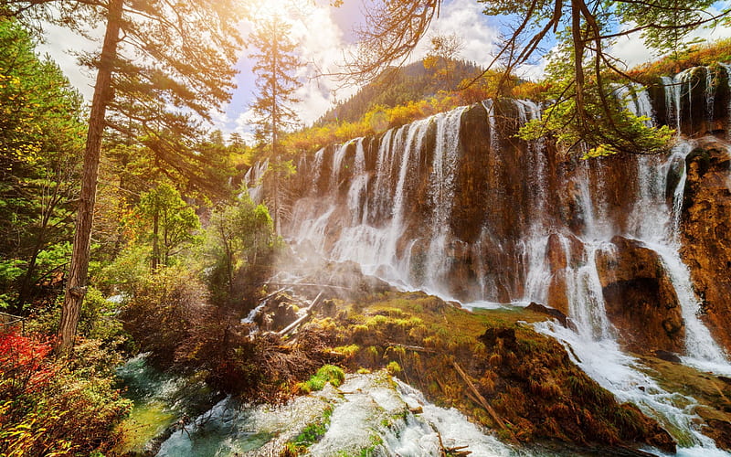 waterfall, mountain, forest, Jiuzhaigou Park, Waterfalls, China, HD wallpaper