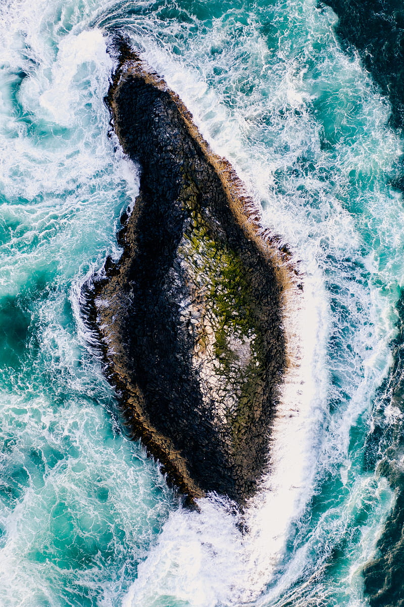 island, rock, aerial view, foam, sea, HD phone wallpaper
