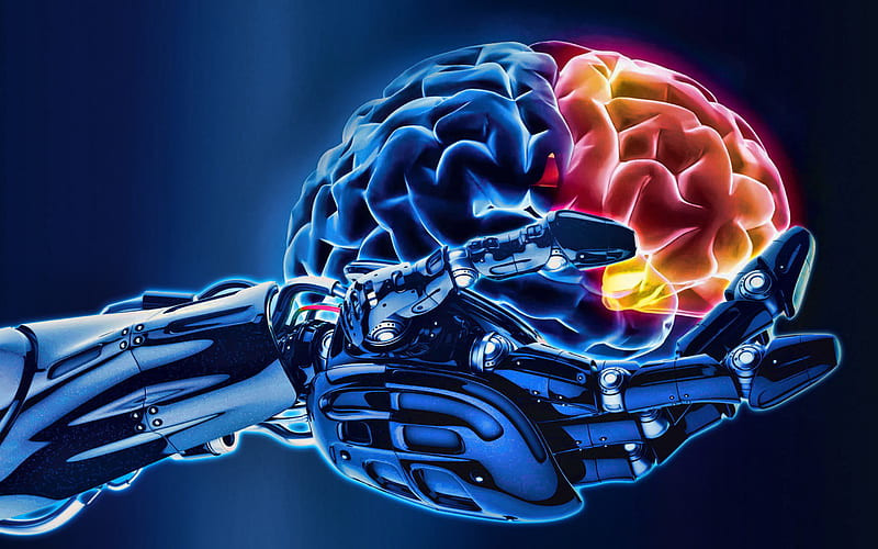 3d brain, metal arm, modern technologies, artificial intelligence, robots, brain in hand, HD wallpaper