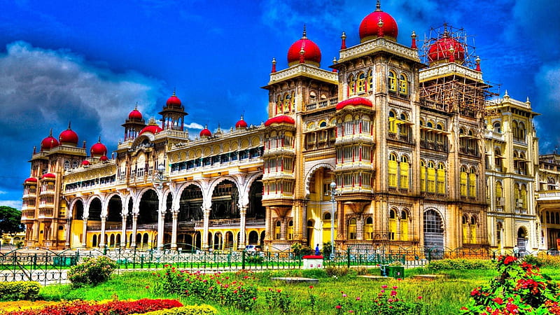 palace of mysore in india r, red domes, grass, r, palace, sky, HD wallpaper