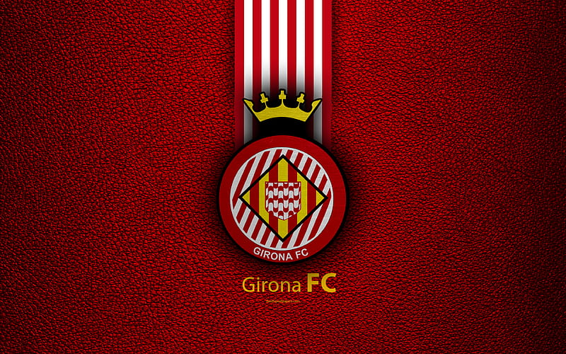 Girona FC Spanish football club, La Liga, logo, emblem, leather texture, Girona, Spain, football, HD wallpaper